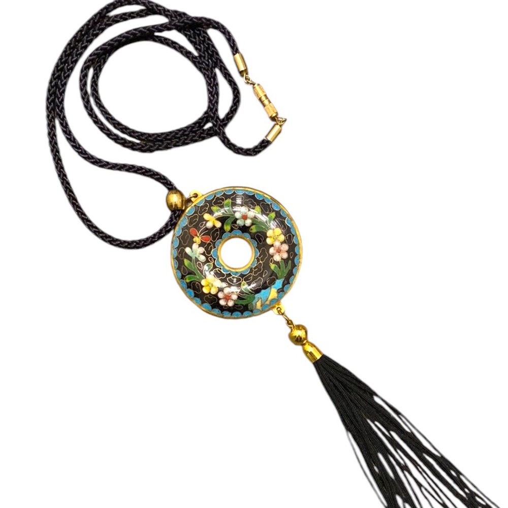 Vintage Cloisonne Pendant with Silk Tassel Cord